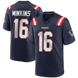 New England Patriots Men's Game Navy Blue Team Color Jersey (16 Josh Minkins)