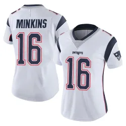 New England Patriots Women's Limited White Vapor Untouchable Jersey (16 Josh Minkins)